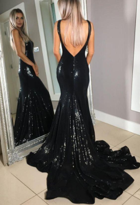 black sequin mermaid backless formal ...